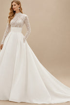 Rutipo Ivory Ball-Gown High Neck Long Sleeves Cathedral Chiffon/Lace Wedding Dress With Appliques Sash