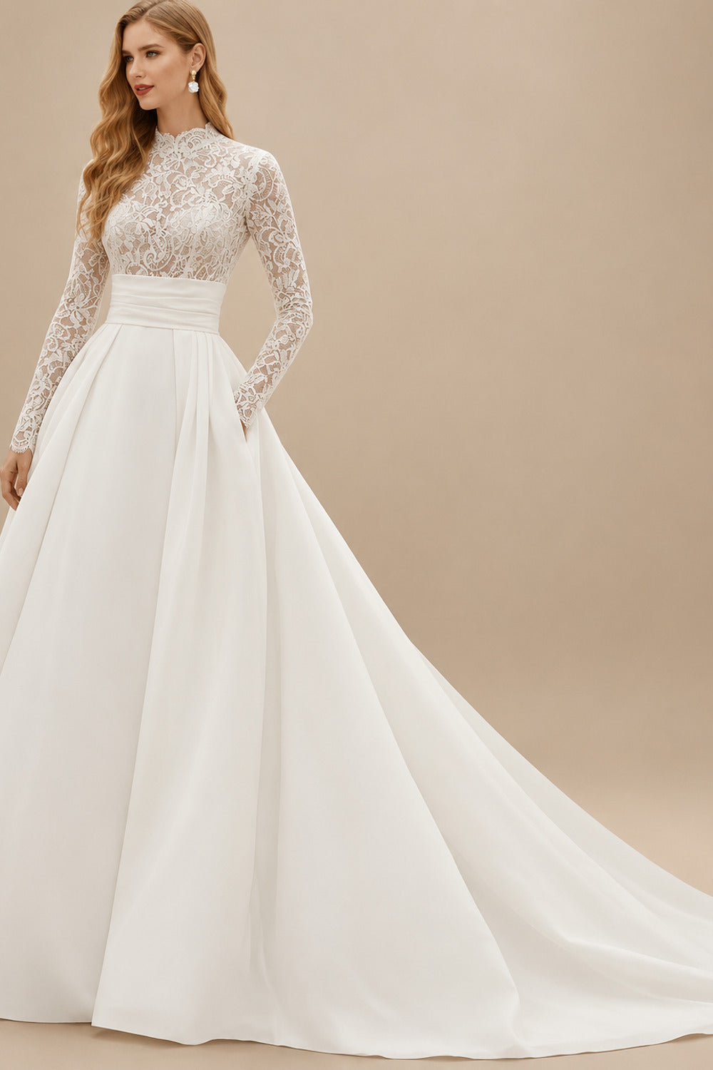 Rutipo Ivory Ball-Gown High Neck Long Sleeves Cathedral Chiffon/Lace Wedding Dress With Appliques Sash
