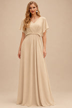 Rutipo Champagne A-Line V-Neck Sleeveless Floor-Length Chiffon/Lace Wedding Dresses With Lace/Overskirt Dress
