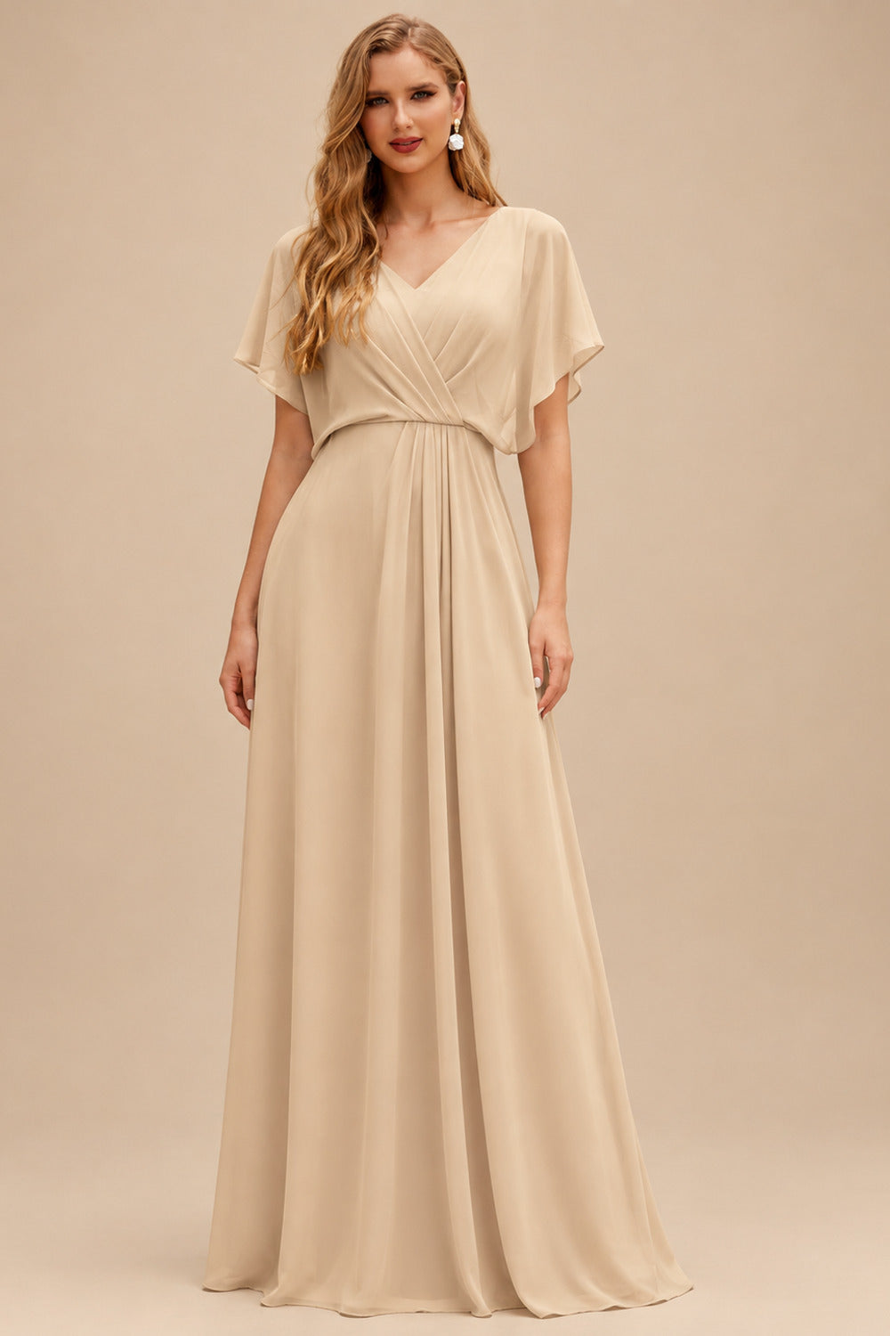 Rutipo Champagne A-Line V-Neck Sleeveless Floor-Length Chiffon/Lace Wedding Dresses With Lace/Overskirt Dress
