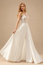 Rutipo Ivory A-Line V-Neck Sleeveless Floor-Length Chiffon/Lace Wedding Dresses With Lace/Overskirt Dress