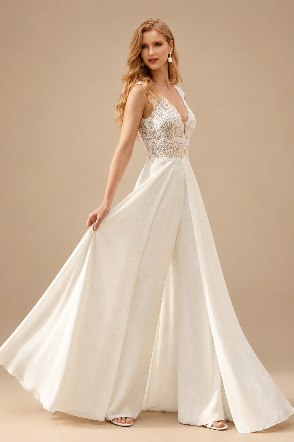 Rutipo Ivory A-Line V-Neck Sleeveless Floor-Length Chiffon/Lace Wedding Dresses With Lace/Overskirt Dress