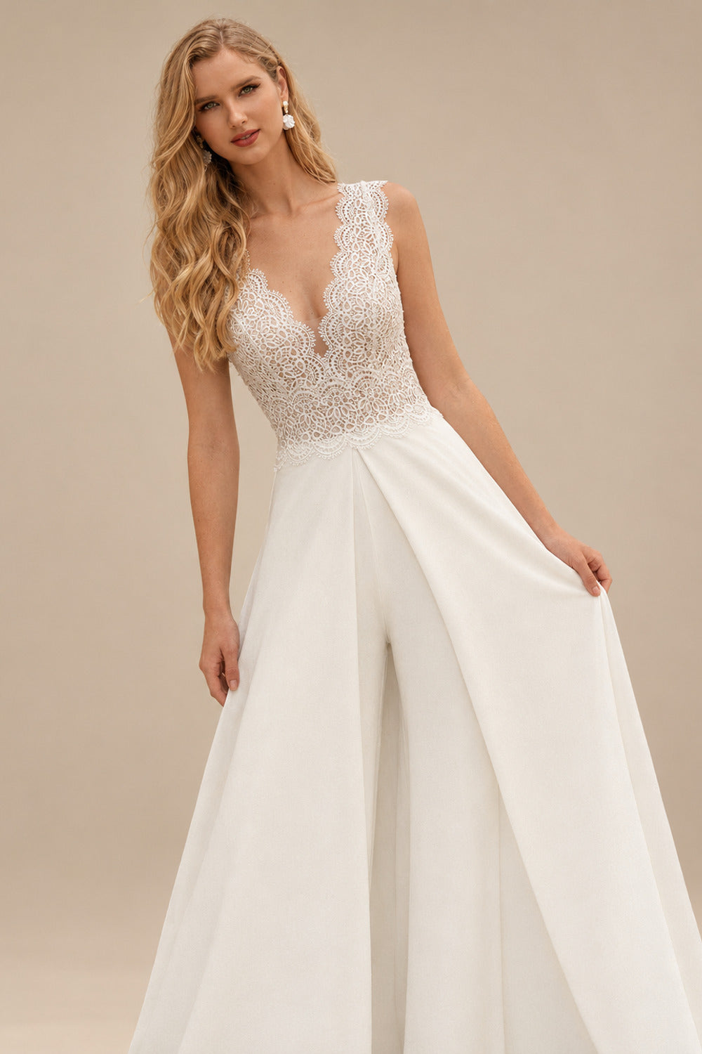 Rutipo Ivory A-Line V-Neck Sleeveless Floor-Length Chiffon/Lace Wedding Dresses With Lace/Overskirt Dress