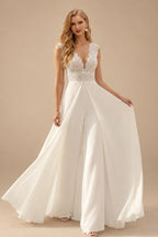 Rutipo Ivory A-Line V-Neck Sleeveless Floor-Length Chiffon/Lace Wedding Dresses With Lace/Overskirt Dress