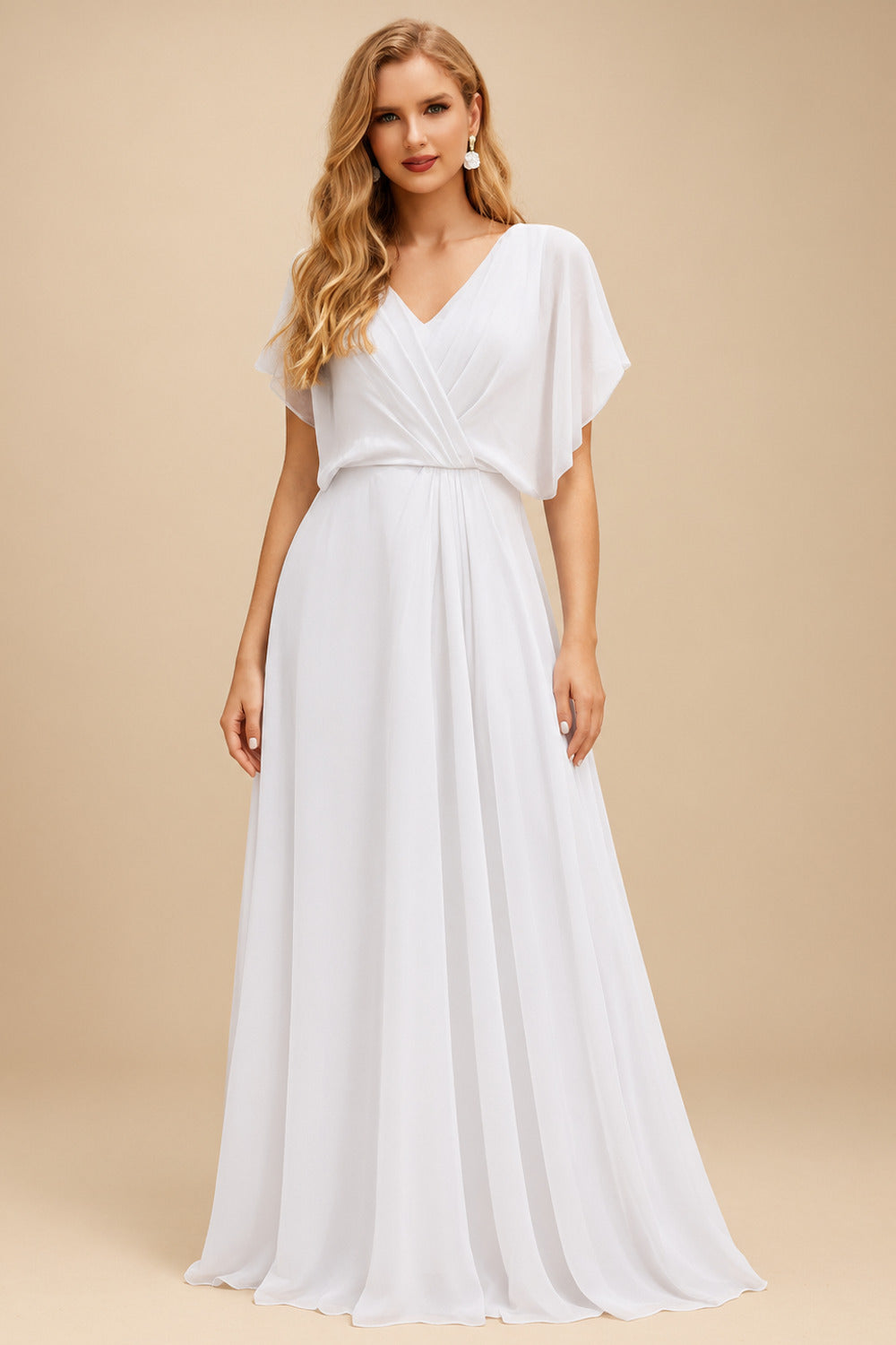 Rutipo White A-Line V-Neck Sleeveless Floor-Length Chiffon/Lace Wedding Dresses With Lace/Overskirt Dress