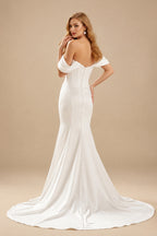 Rutipo Ivory Sheath/Column Off-The-Shoulder Sleeveless Court Train Matte Satin Wedding Dress With Beading