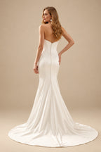 Rutipo Ivory Sheath/Column Off-The-Shoulder Sleeveless Court Train Matte Satin Wedding Dress With Beading