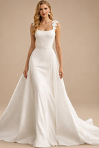 Rutipo Ivory A-Line Square Neckline Sleeveless Court Train Chiffon/Matte Satin Wedding Dresses With Flower(s)/Overskirt Dress
