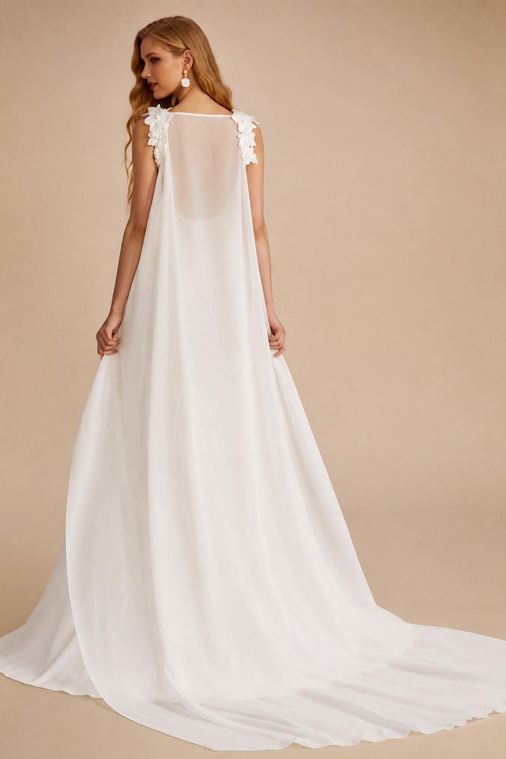Rutipo Ivory A-Line Square Neckline Sleeveless Court Train Chiffon/Matte Satin Wedding Dresses With Flower(s)/Overskirt Dress
