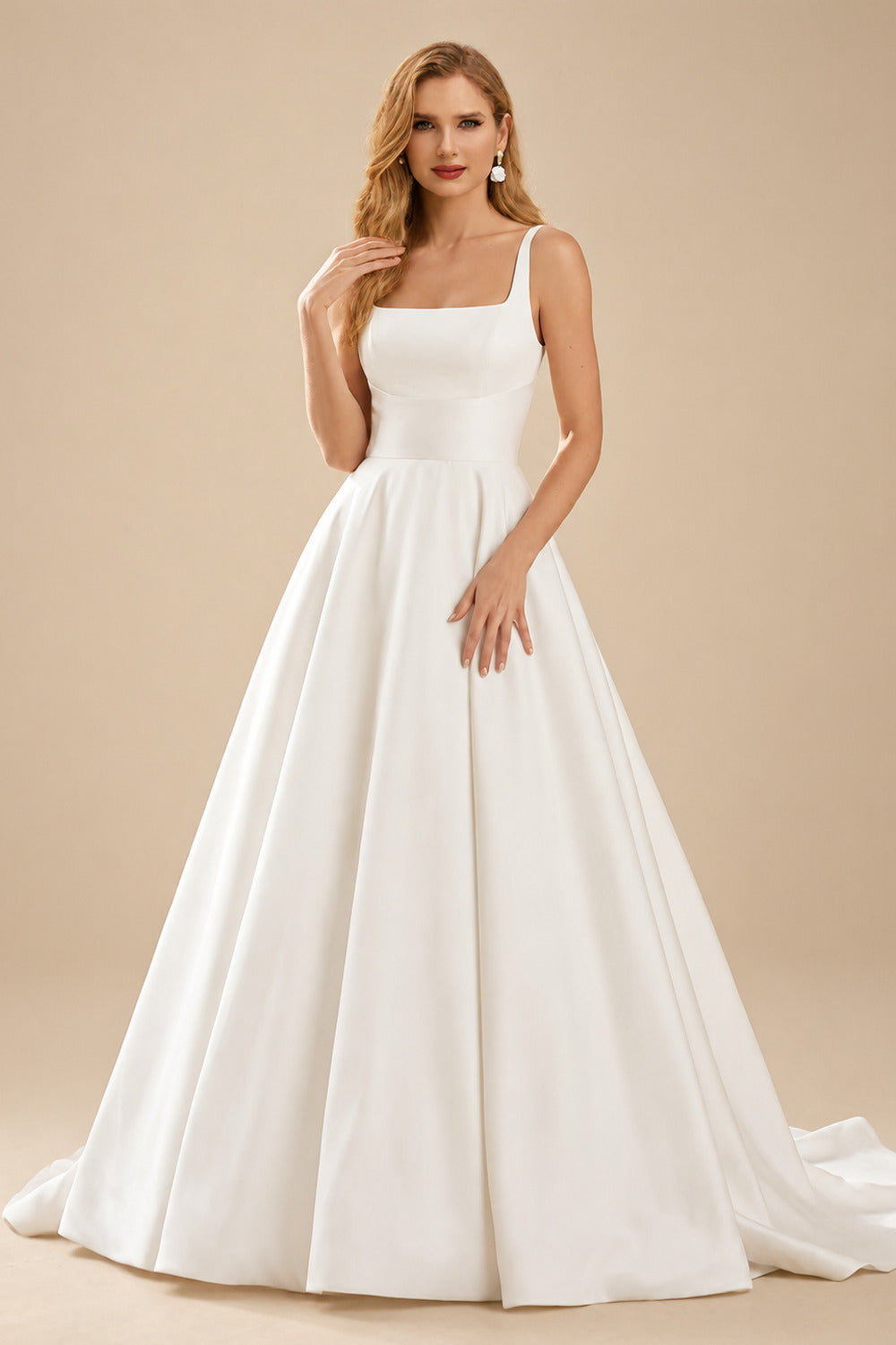 Rutipo Ivory Ball-Gown Square Neckline Sleeveless Court Train Satin Wedding Dresses With Pockets