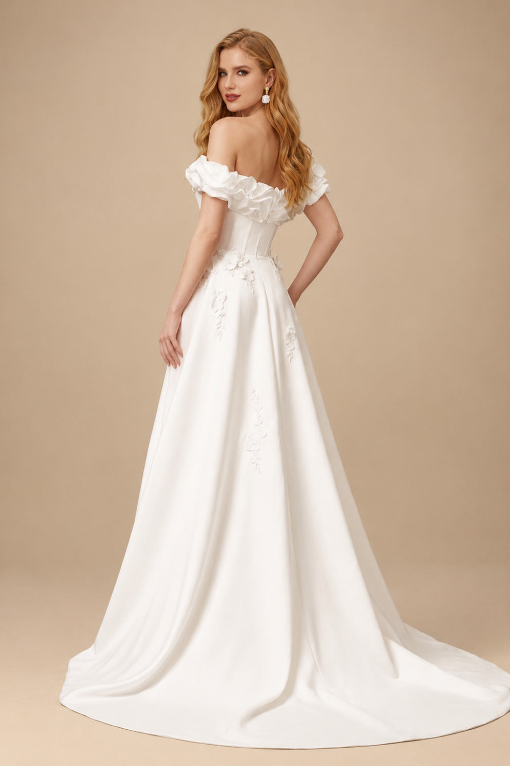 Rutipo Ivory A-Line Off-The-Shoulder Sleeveless Chapel Train Matte Satin Wedding Dresses