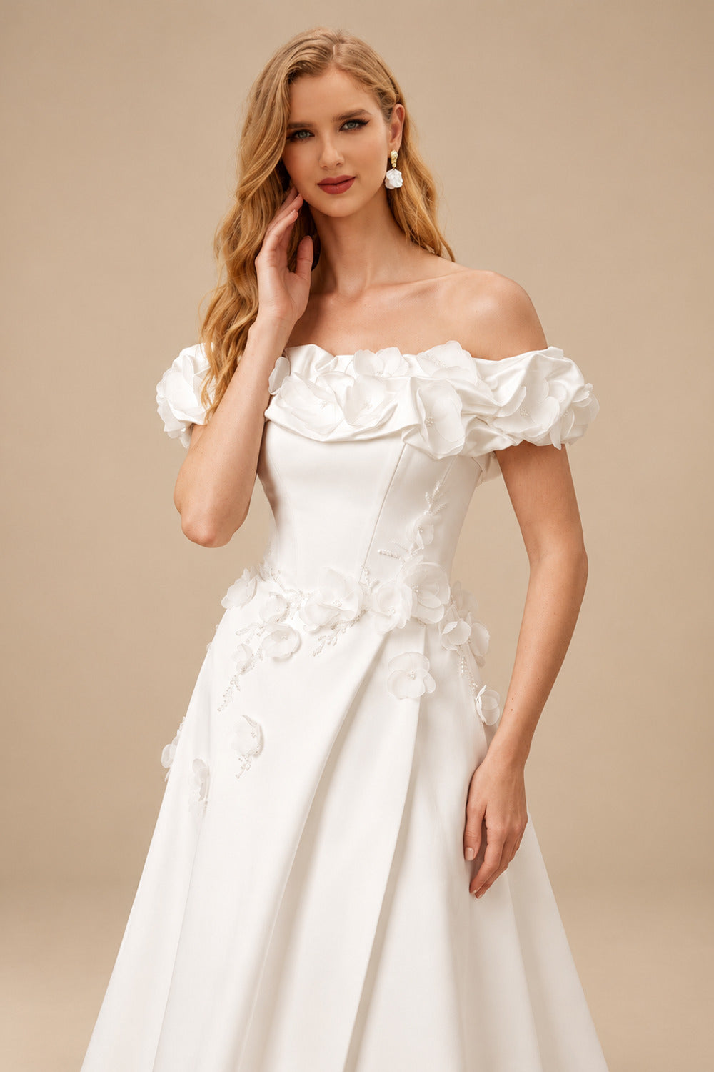 Rutipo Ivory A-Line Off-The-Shoulder Sleeveless Chapel Train Matte Satin Wedding Dresses