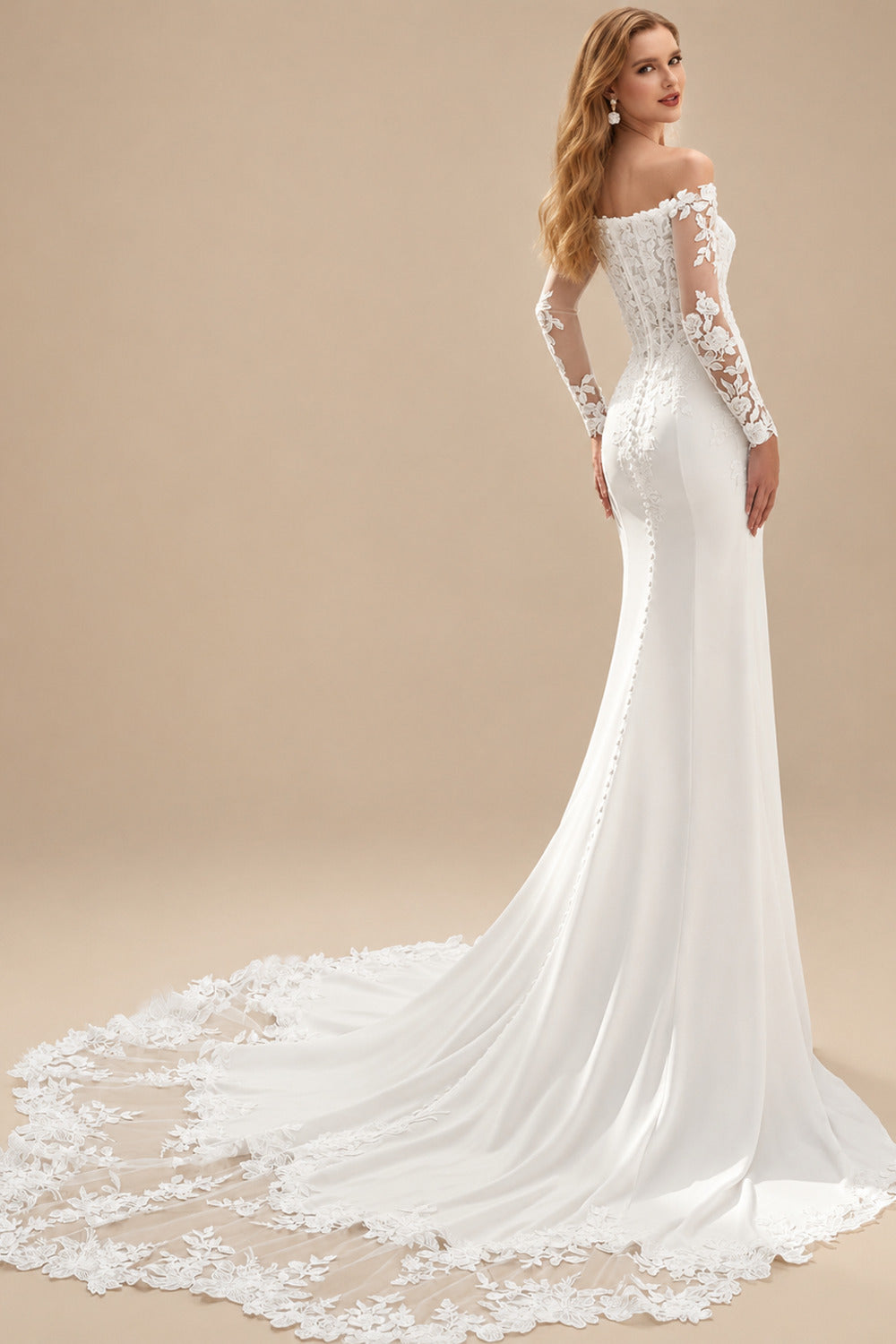 Rutipo Ivory Trumpet/Mermaid Off-The-Shoulder Long Sleeves Chapel Train Lace/Crepe Satin Wedding Dresses With Appliques Lace
