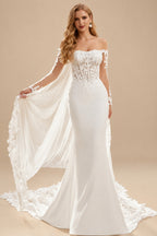 Rutipo Ivory Trumpet/Mermaid Off-The-Shoulder Long Sleeves Chapel Train Lace/Crepe Satin Wedding Dresses With Appliques Lace