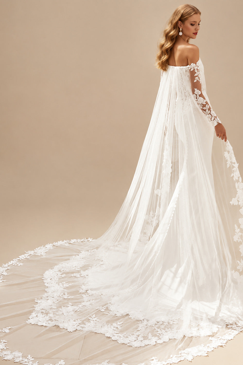 Rutipo Ivory Trumpet/Mermaid Off-The-Shoulder Long Sleeves Chapel Train Lace/Crepe Satin Wedding Dresses With Appliques Lace