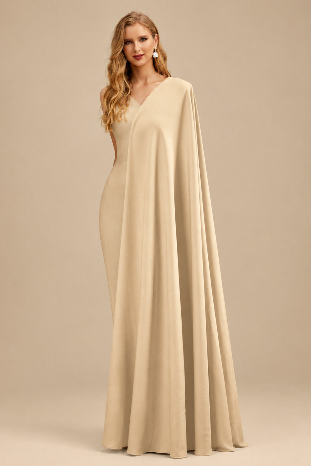 Rutipo Champagne Trumpet/Mermaid Off-The-Shoulder Short Sleeves Chapel Train Elastic Satin Wedding Dresses