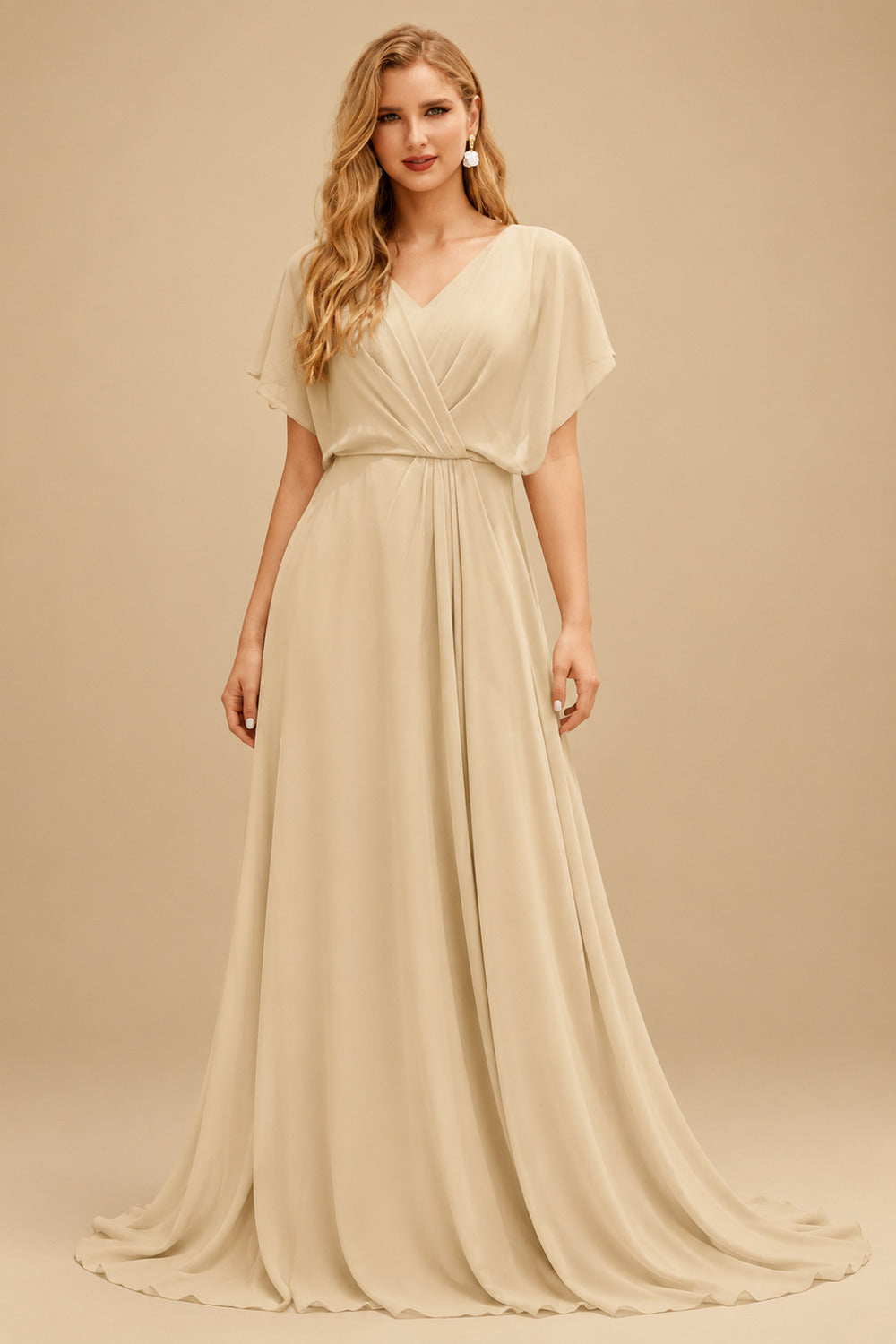 Rutipo Champagne Trumpet/Mermaid Off-The-Shoulder Short Sleeves Chapel Train Elastic Satin Wedding Dresses