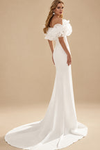 Rutipo Ivory Trumpet/Mermaid Off-The-Shoulder Short Sleeves Chapel Train Elastic Satin Wedding Dresses