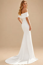 Rutipo Ivory Trumpet/Mermaid Off-The-Shoulder Short Sleeves Chapel Train Elastic Satin Wedding Dresses