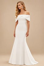 Rutipo Ivory Trumpet/Mermaid Off-The-Shoulder Short Sleeves Chapel Train Elastic Satin Wedding Dresses