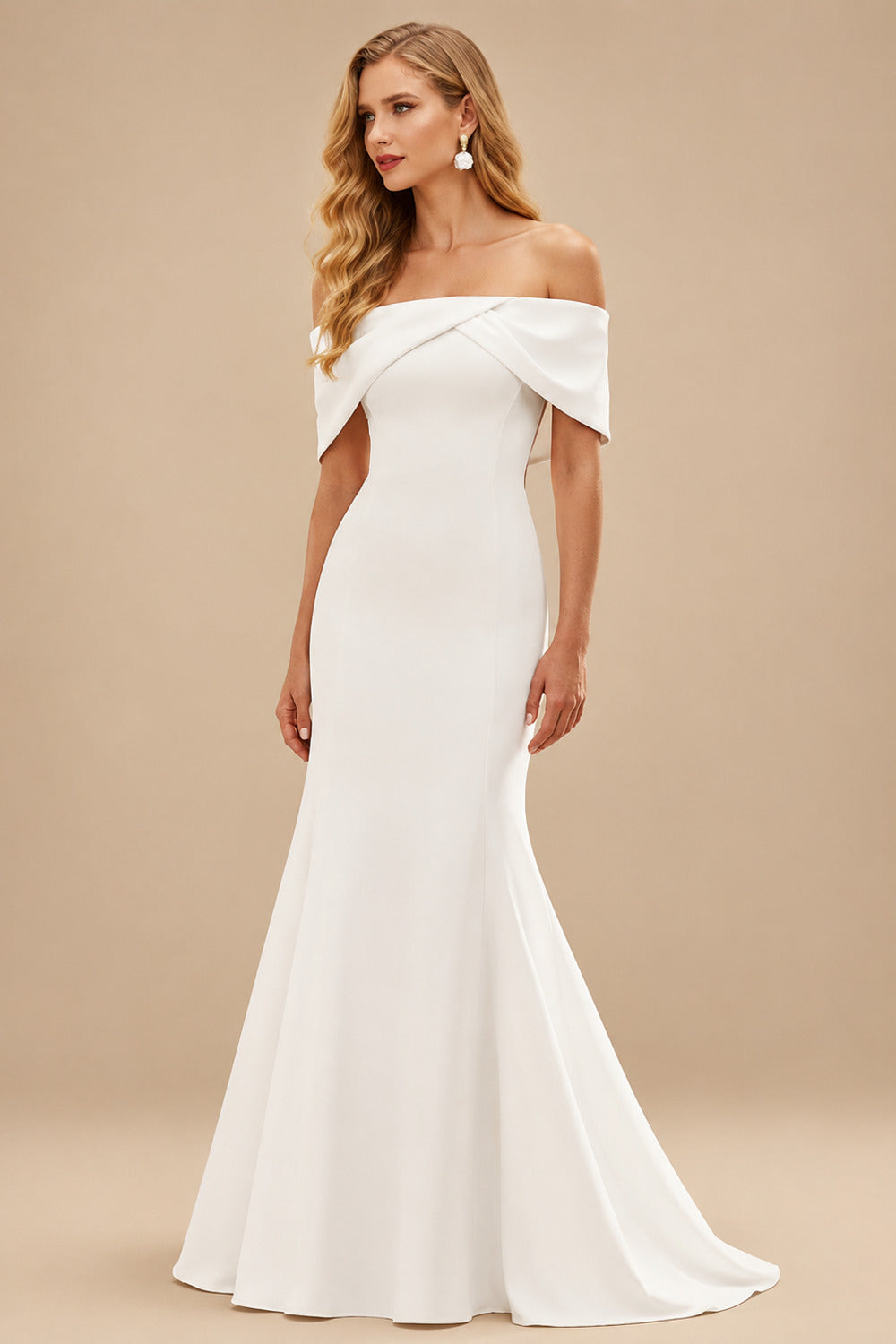 Rutipo Ivory Trumpet/Mermaid Off-The-Shoulder Short Sleeves Chapel Train Elastic Satin Wedding Dresses