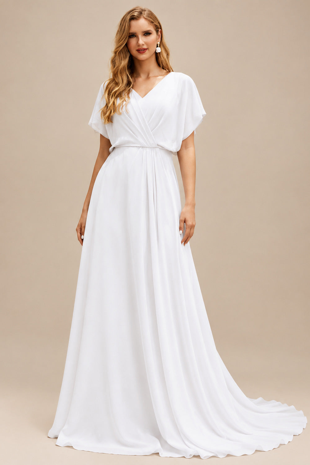 Rutipo White Trumpet/Mermaid Off-The-Shoulder Short Sleeves Chapel Train Elastic Satin Wedding Dresses