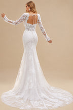 Rutipo White Trumpet/Mermaid Sweetheart Long Sleeves Court Train Elastic Satin Wedding Dresses With Appliques Lace