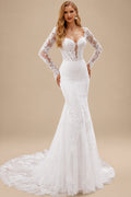 Rutipo White Trumpet/Mermaid Sweetheart Long Sleeves Court Train Elastic Satin Wedding Dresses With Appliques Lace