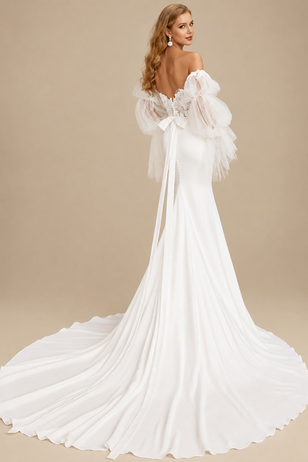 Rutipo Ivory Trumpet/Mermaid Sweetheart Detachable Sleeves Court Train Lace/Elastic Satin Wedding Dresses With Bow(s)/Lace