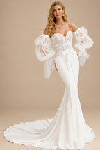 Rutipo Ivory Trumpet/Mermaid Sweetheart Detachable Sleeves Court Train Lace/Elastic Satin Wedding Dresses With Bow(s)/Lace
