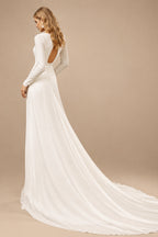 Rutipo Ivory Sheath/Column Square Neckline Long Sleeves Chapel Train Crepe Satin Wedding Dresses