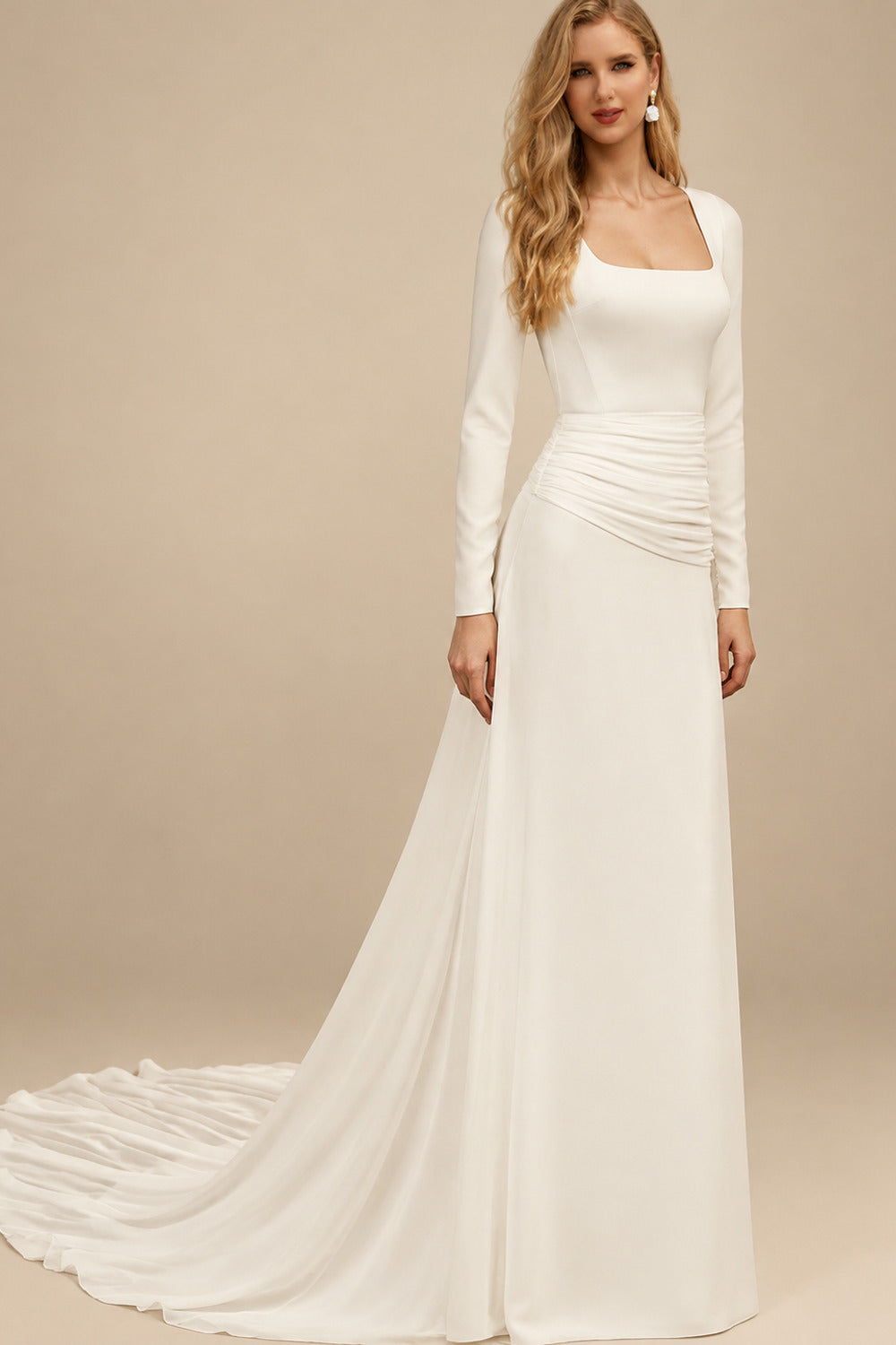 Rutipo Ivory Sheath/Column Square Neckline Long Sleeves Chapel Train Crepe Satin Wedding Dresses