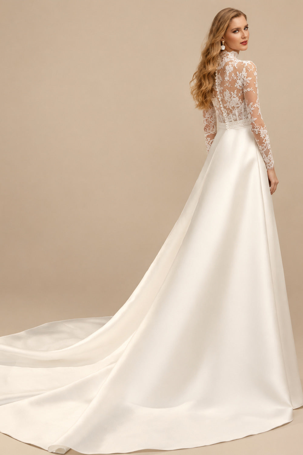 Rutipo Ivory A-Line High Neck Long Sleeves Chapel Train Lace/Matte Satin Wedding Dresses With Lace/Overskirt Dress