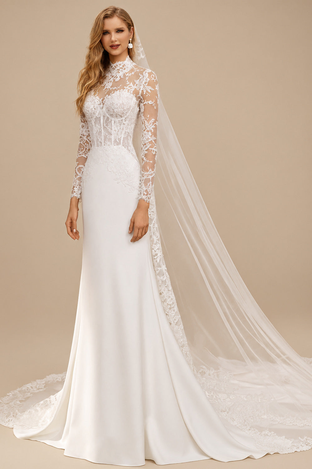 Rutipo Ivory A-Line High Neck Long Sleeves Chapel Train Lace/Matte Satin Wedding Dresses With Lace/Overskirt Dress