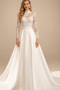 Rutipo Ivory A-Line High Neck Long Sleeves Chapel Train Lace/Matte Satin Wedding Dresses With Lace/Overskirt Dress