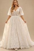 Rutipo Ivory Ball-Gown Sweetheart 1/2 Sleeves Floor-Length Lace Wedding Dress With Appliques Lace