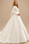 Rutipo Ivory Ball-Gown Scoop Neck Long Sleeves Chapel Train Satin Wedding Dress With Pleated