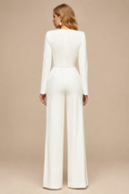 Rutipo Ivory Jumpsuit/Pantsuit Scoop Neck Long Sleeves Floor-Length Elastic Satin Wedding Dresses With Rhinestone