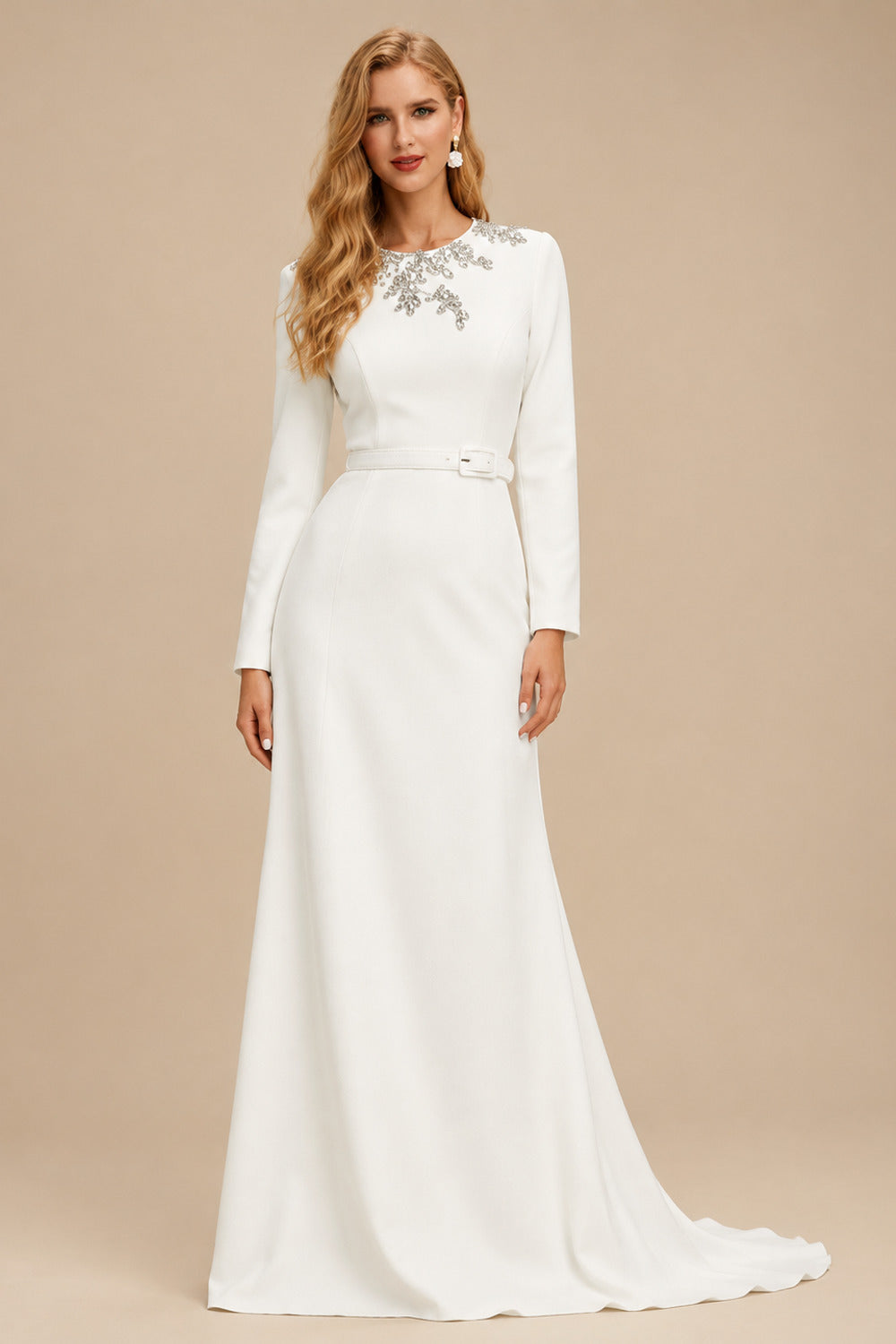 Rutipo Ivory Jumpsuit/Pantsuit Scoop Neck Long Sleeves Floor-Length Elastic Satin Wedding Dresses With Rhinestone