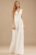 Rutipo Ivory Jumpsuit/Pantsuit V-Neck Sleeveless Floor-Length Chiffon Wedding Dresses With Pleated