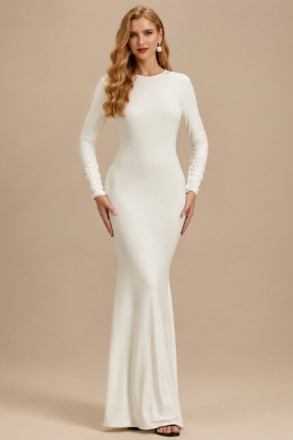 Rutipo Ivory Trumpet/Mermaid Scoop Neck Long Sleeves Floor-Length Jersey Wedding Dresses With Bow(s)