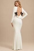 Rutipo Ivory Trumpet/Mermaid Scoop Neck Long Sleeves Floor-Length Jersey Wedding Dresses With Bow(s)