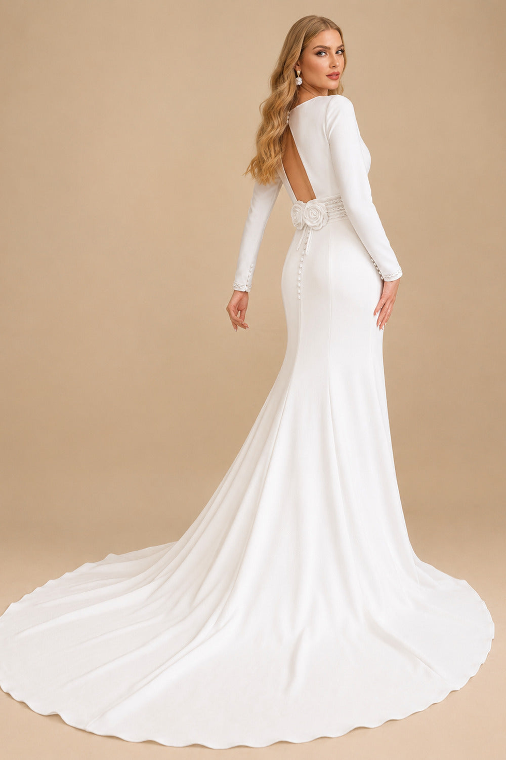 Rutipo Ivory Sheath/Column Square Neckline Long Sleeves Chapel Train Elastic Satin Wedding Dresses