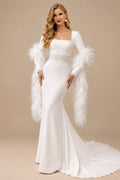 Rutipo Ivory Sheath/Column Square Neckline Long Sleeves Chapel Train Elastic Satin Wedding Dresses