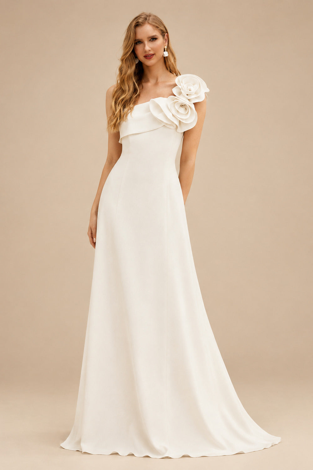 Rutipo Ivory Jumpsuit/Pantsuit One-Shoulder Sleeveless Floor-Length Elastic Satin Wedding Dresses With Flower(s)