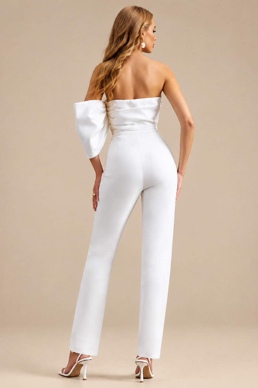 Rutipo White Simple Jumpsuit/Pantsuit One-Shoulder Sleeveless Floor-Length Matte Satin Wedding Dresses