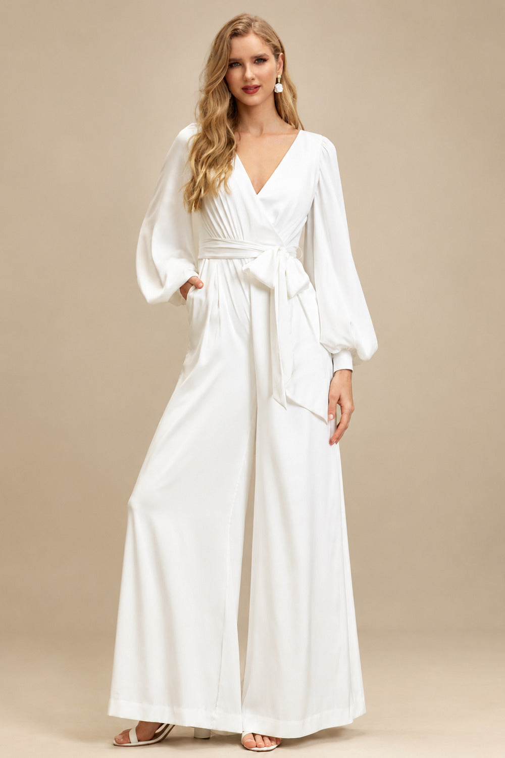 Rutipo Ivory Jumpsuit/Pantsuit V-Neck Long Sleeves Ankle-Length Stretch Satin Wedding Dresses