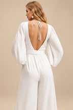 Rutipo Ivory Jumpsuit/Pantsuit V-Neck Long Sleeves Ankle-Length Stretch Satin Wedding Dresses