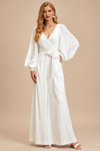Rutipo Ivory Jumpsuit/Pantsuit V-Neck Long Sleeves Ankle-Length Stretch Satin Wedding Dresses