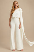 Rutipo Ivory Jumpsuit/Pantsuit One-Shoulder Sleeveless Floor-Length Elastic Satin Wedding Dresses With Bow(s)/Sweeping Side Drape